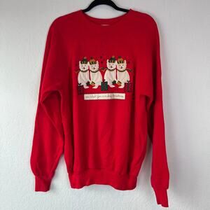 Vintage 90s Cat Christmas Sweater Shirt White Cats Red size XL